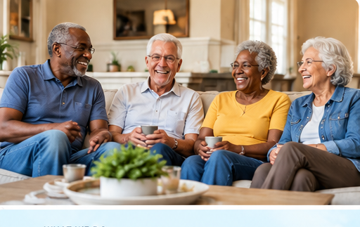 Diverse older adults sharing a warm conversation together